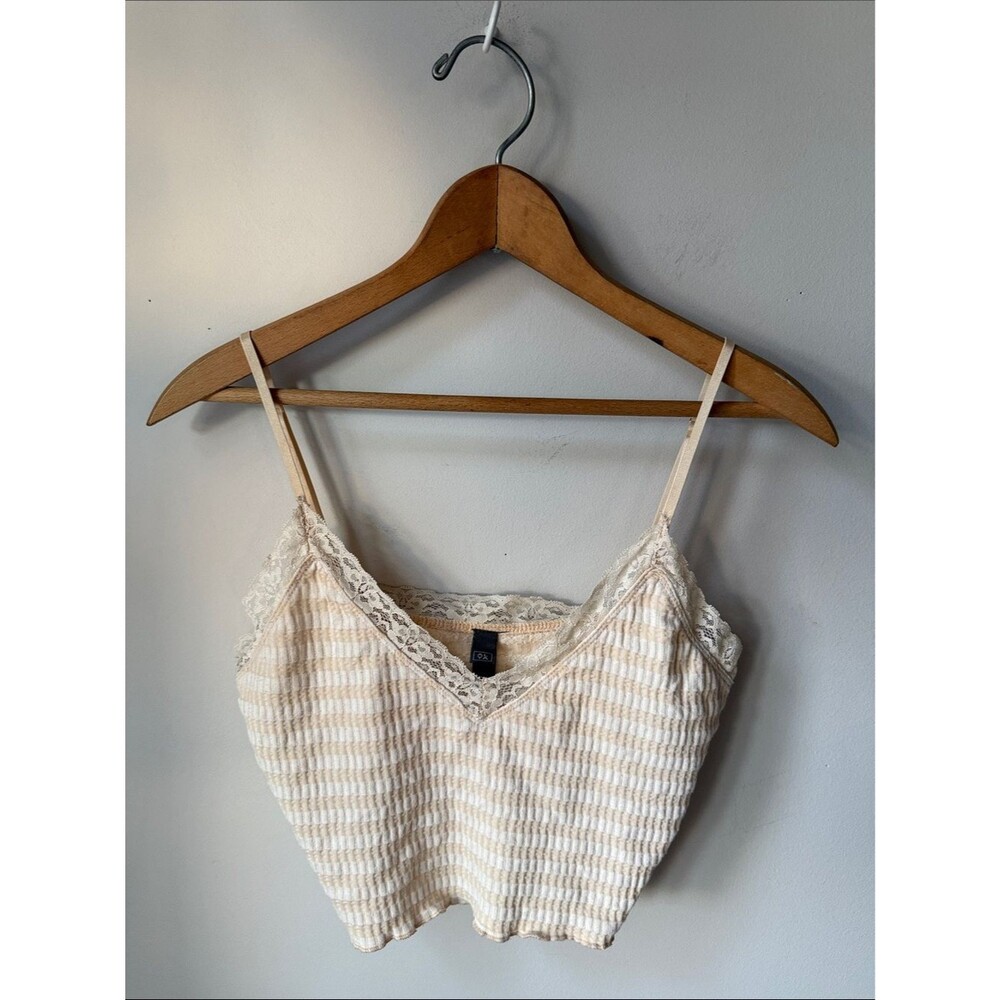 Alya Lace Trim Striped Waffle Knit Cami Tank Top Cream Ivory Crop